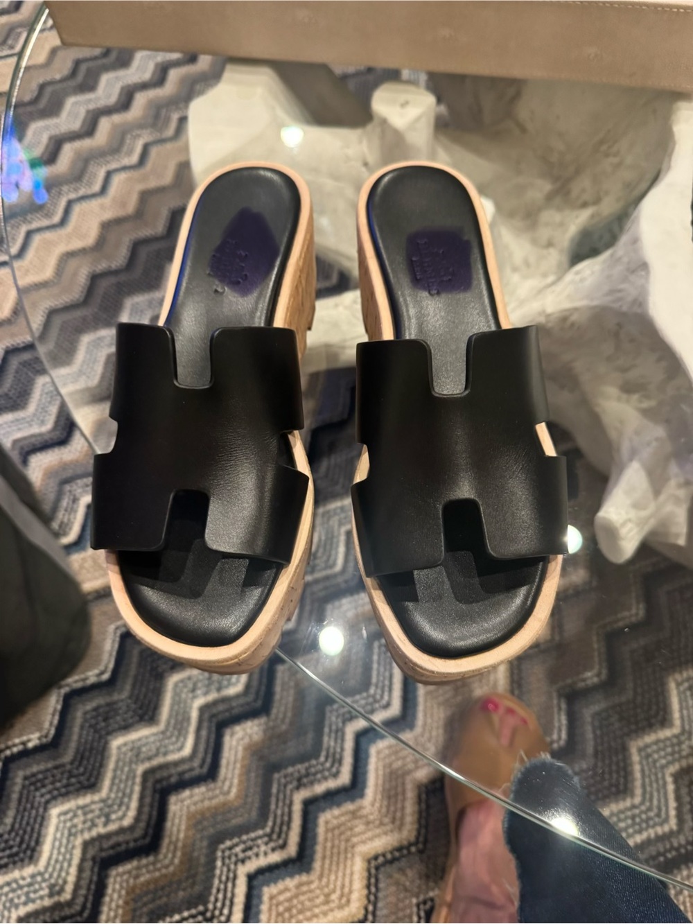 “H” woman’s  Black Slide Sandals with Natural Platform -